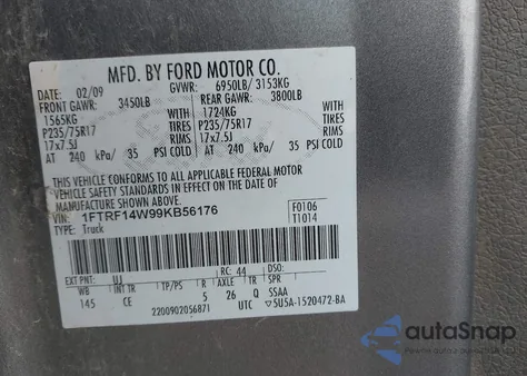 2009 Ford F-150 Stx/Xl/Xlt из США, поврежденный, VIN 1FTRF14W99KB56176